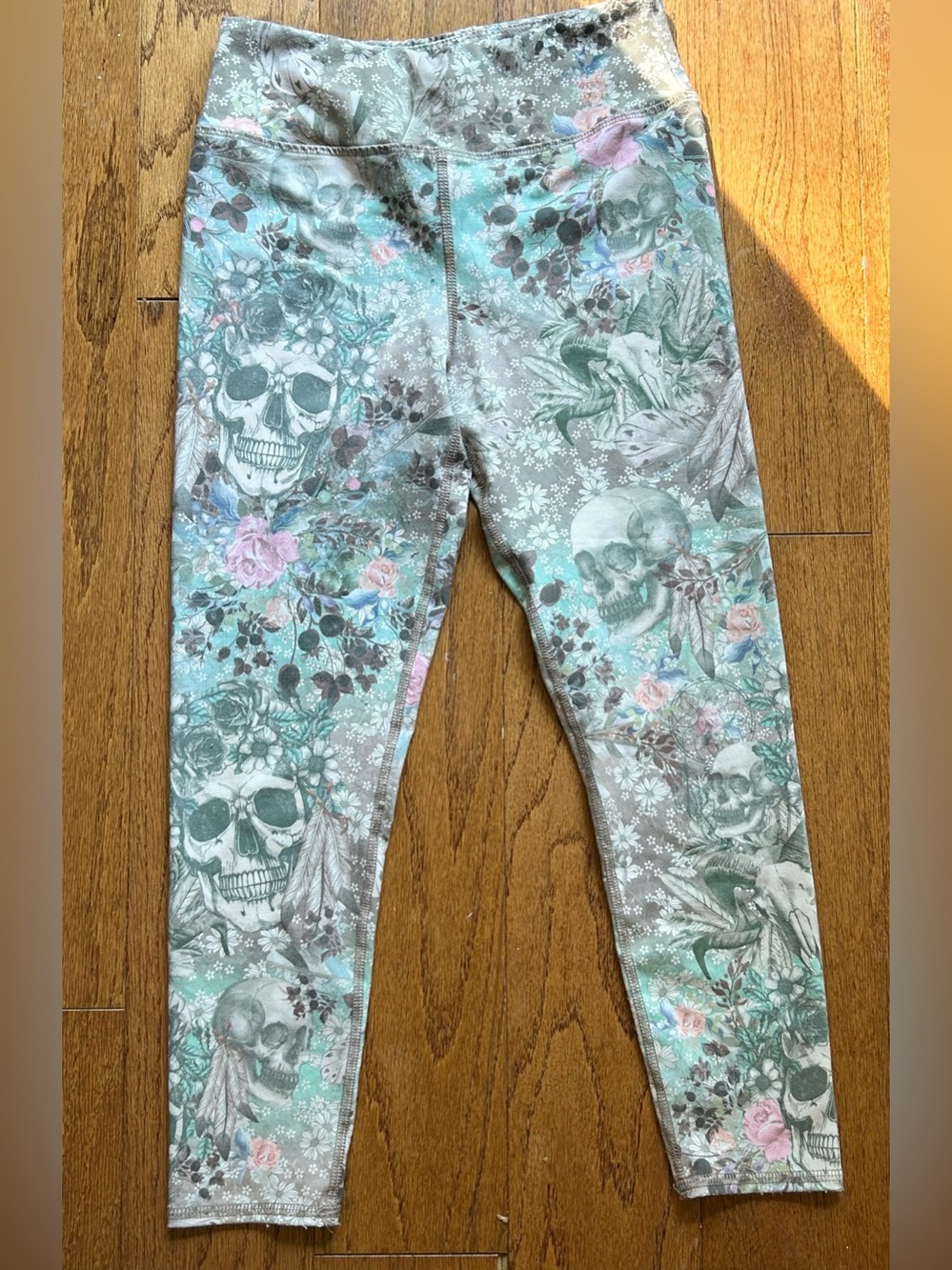 Floral Sugar Skull Print Leggings - Mint Pink Fall Halloween Festive Activewear